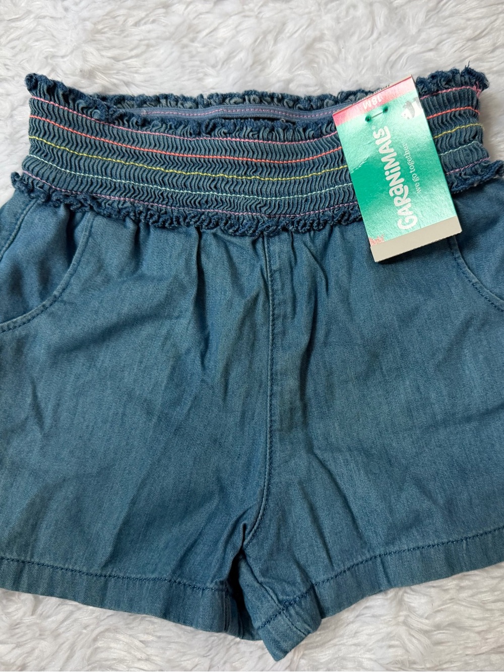 Garanimals Teal Smocked Waist Denim-Look Shorts with Multicolor Stitching 18m